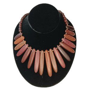 Polished Exotic Wood Necklace  Graduated Oval Brown Wooden Beads 18" Long Boho